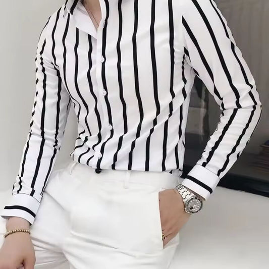Men's Shirt Black Striped Muscle Male Shirts Sale Hipster Cheap Things with Comfortable Slim Fit High Quality Luxury Collar I