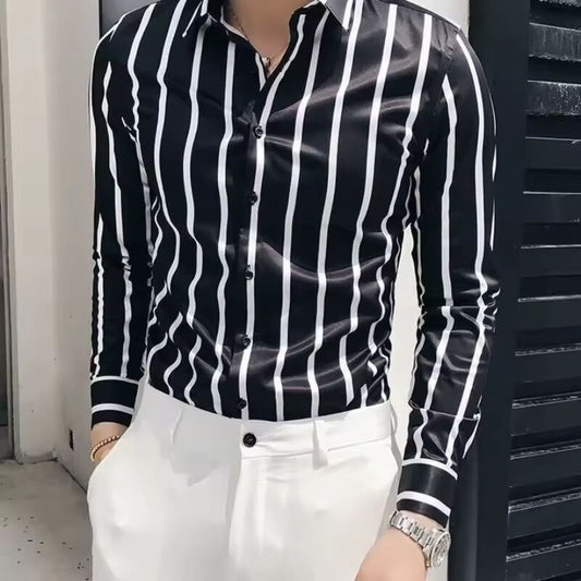 Men's Shirt Black Striped Muscle Male Shirts Sale Hipster Cheap Things with Comfortable Slim Fit High Quality Luxury Collar I