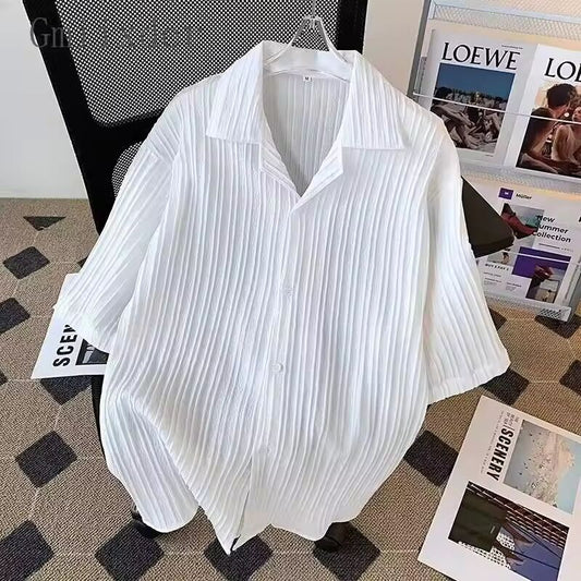 Exquisite Textured Suit Collar Shirt Short Sleeved Men's Summer Solid Color Casual Trend Handsome Half Sleeved Shirt Summer Coat