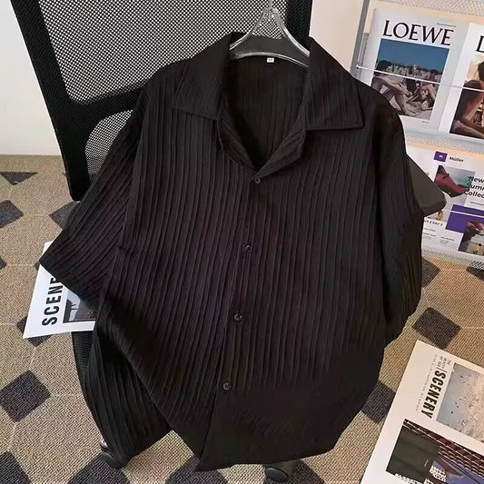 Exquisite Textured Suit Collar Shirt Short Sleeved Men's Summer Solid Color Casual Trend Handsome Half Sleeved Shirt Summer Coat